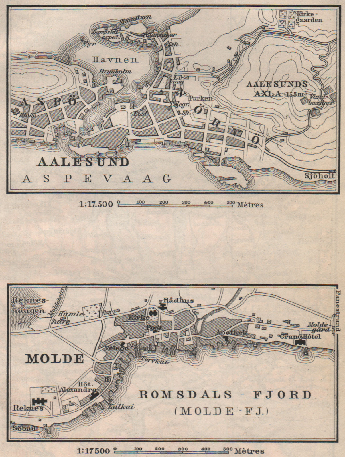 ALESUND & MOLDE antique town city byplans. Norway kart. BAEDEKER. SMALL 1899 map